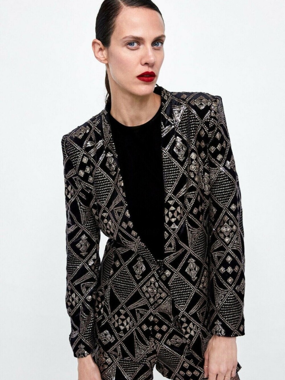Zara Black Embellished Geometric Blazer Jacket